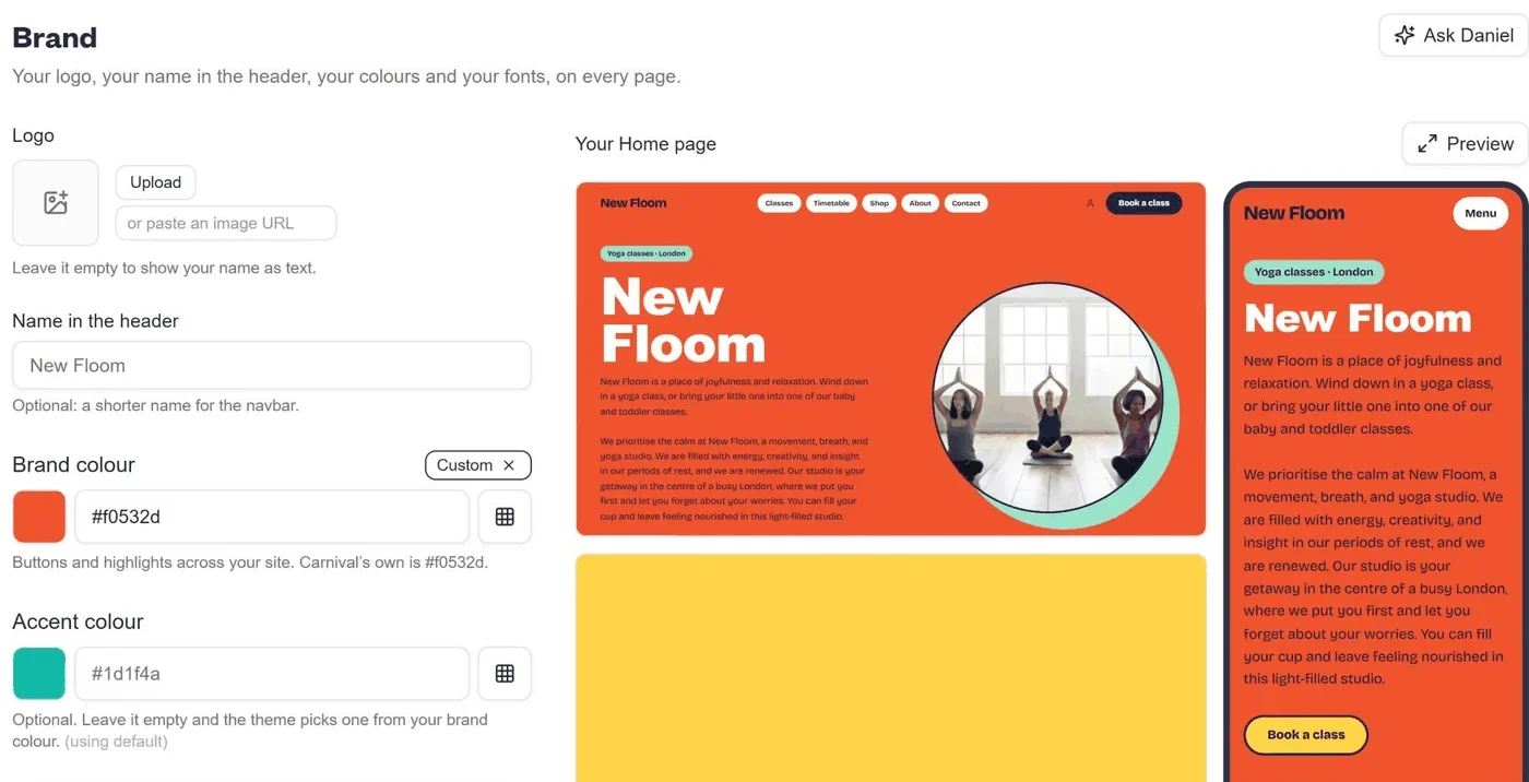 Brand settings with logo, header name, brand and accent colours, next to a live desktop and phone preview