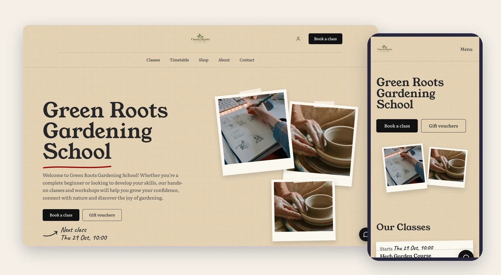 The same Workshop-themed homepage on a laptop and on a phone