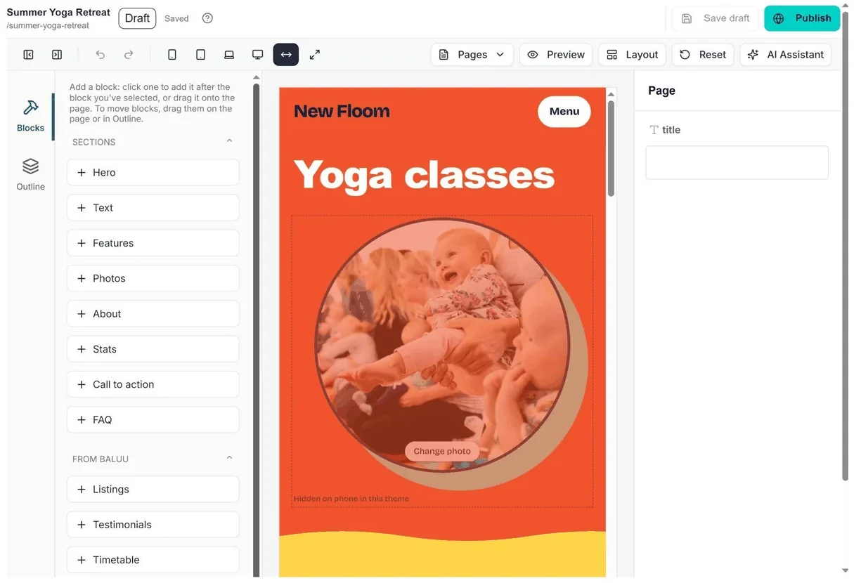 The editor with Sections and From Baluu blocks on the left, the page preview in the middle and its settings on the right
