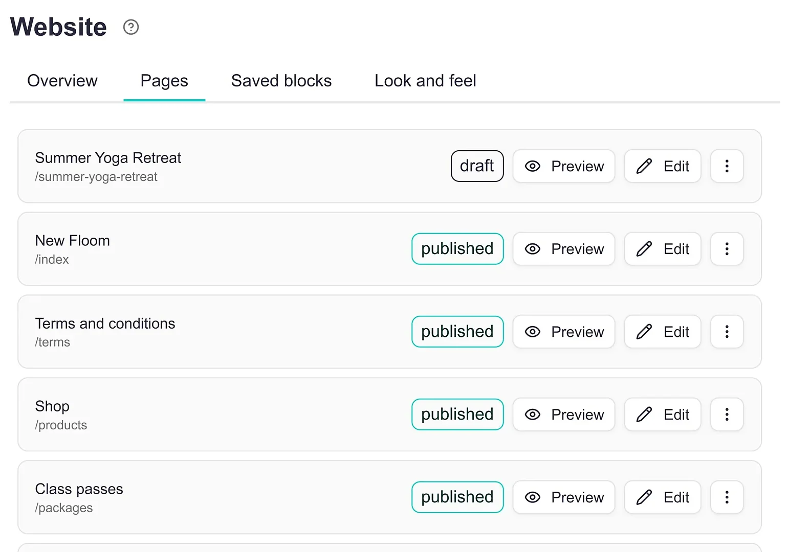 The Website Pages list showing a draft page and published pages, each with Preview and Edit