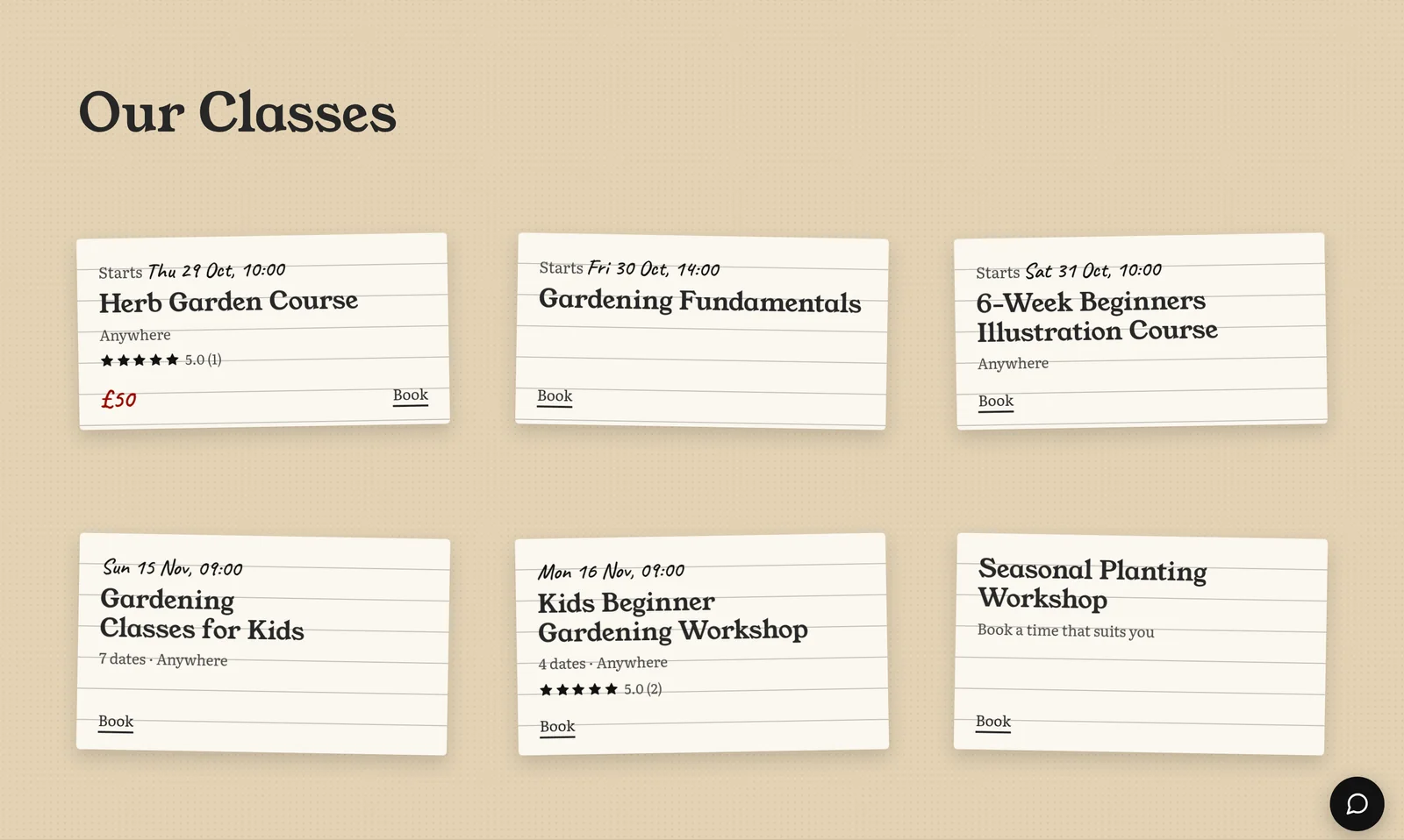 Our Classes section showing six classes with their next dates, ratings and a price