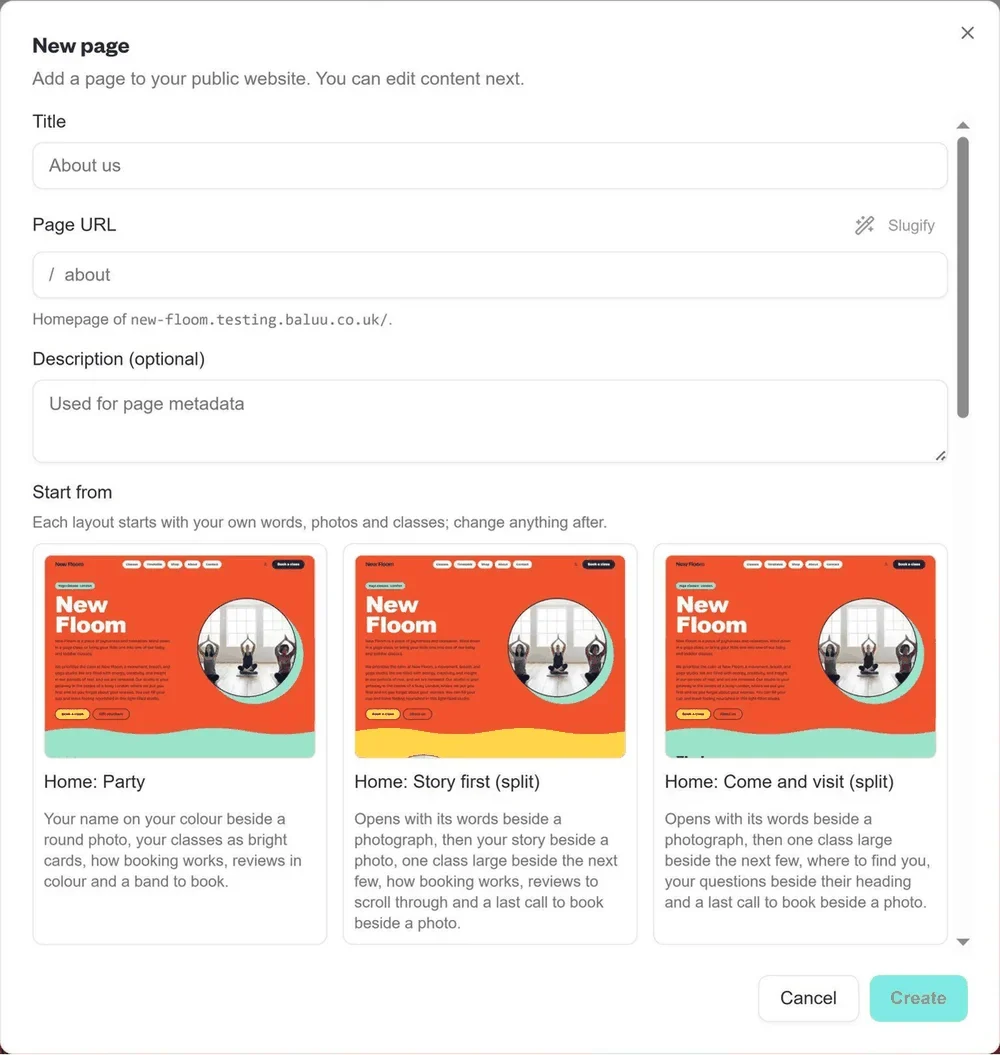 The New page dialog with a title, page URL and layouts to start from, such as Home: Party and Home: Story first