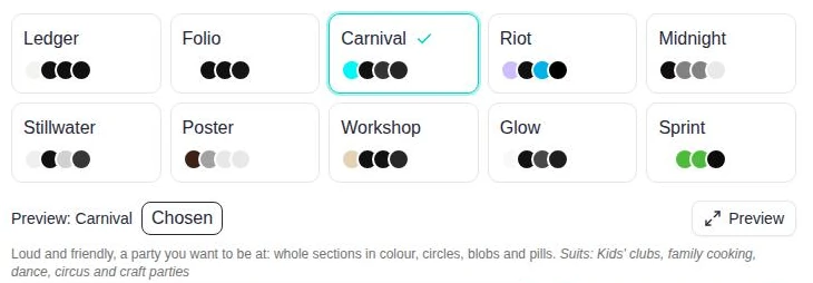 The theme picker with Ledger, Folio, Carnival, Riot, Midnight, Stillwater, Poster, Workshop, Glow and Sprint
