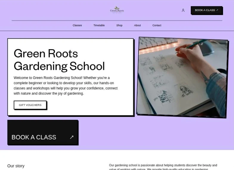 A gardening school homepage in the bold Riot theme